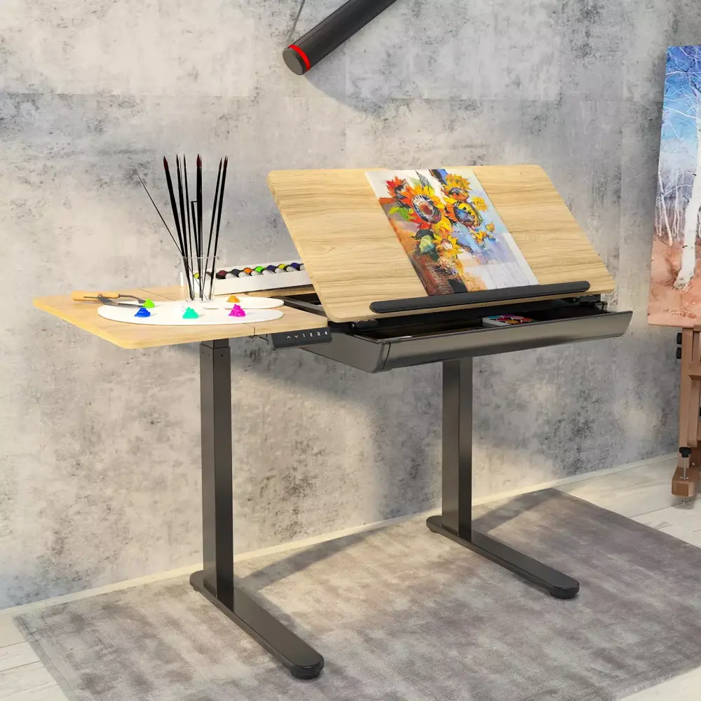 FlexiSpot Expandable Height Adjustable Multi Function Drawing Table Maple Black