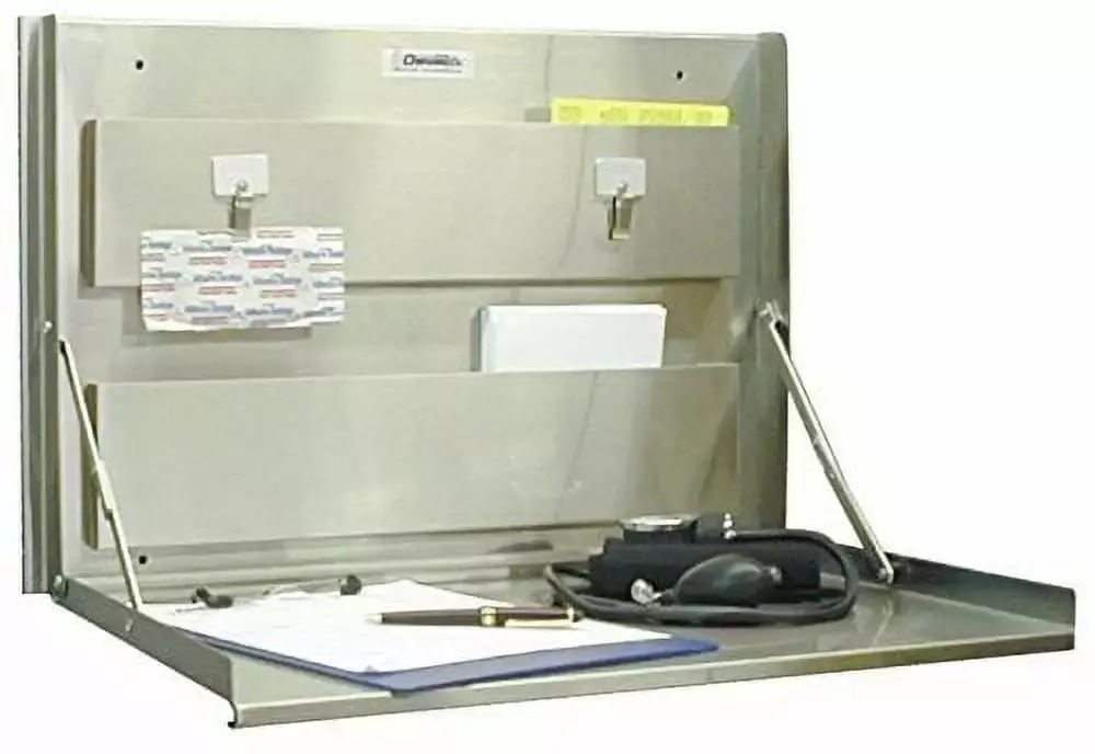Omnimed Height Adjustable Wall Desk Built- Storage Stainless Steel Office Workstation