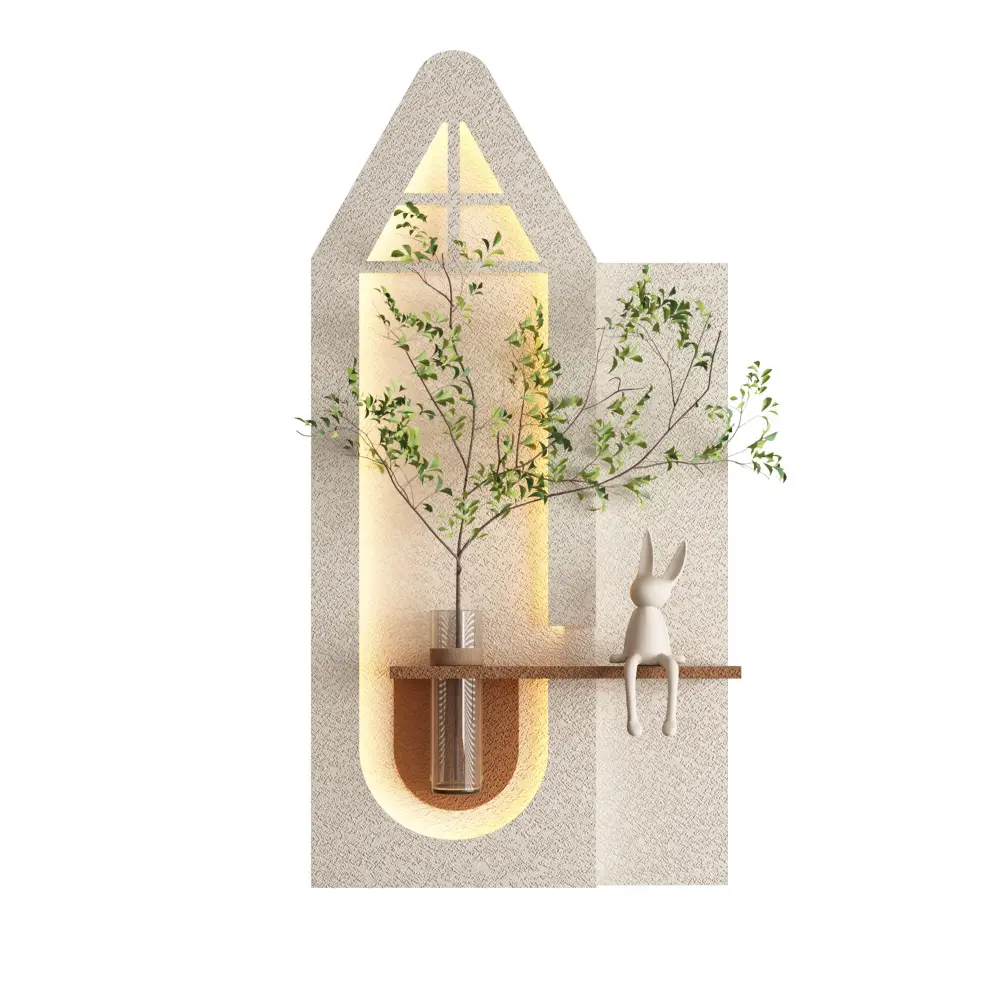 Adjustable 3 Color LED Sandstone Wall Decor Simulated Plants, Glass Vase & Rabbit Statue - Portable Coffee