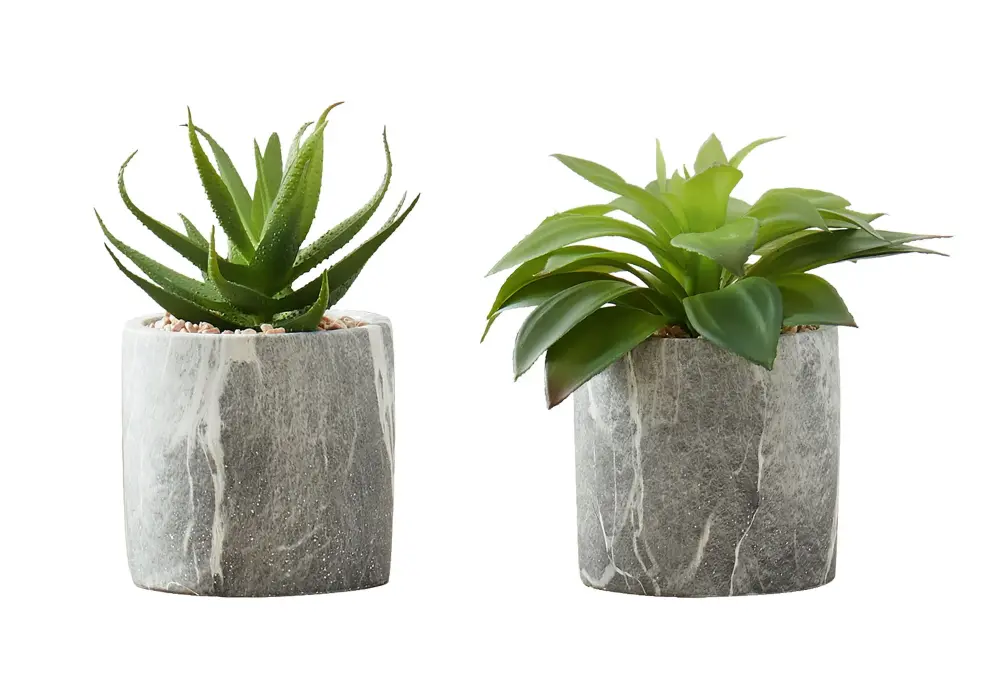 6" Elevated, Artificial Plant, Succulent, Indoor, Faux, Fake, Table, Greenery, Potted, Decorative (Set 2) - Green / Gray