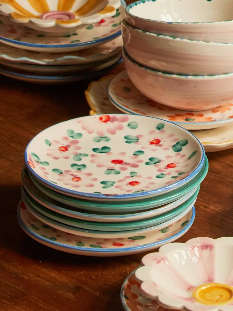 Ceramic Cake Plate Hand Painted Coral Flowers Wedding Gift