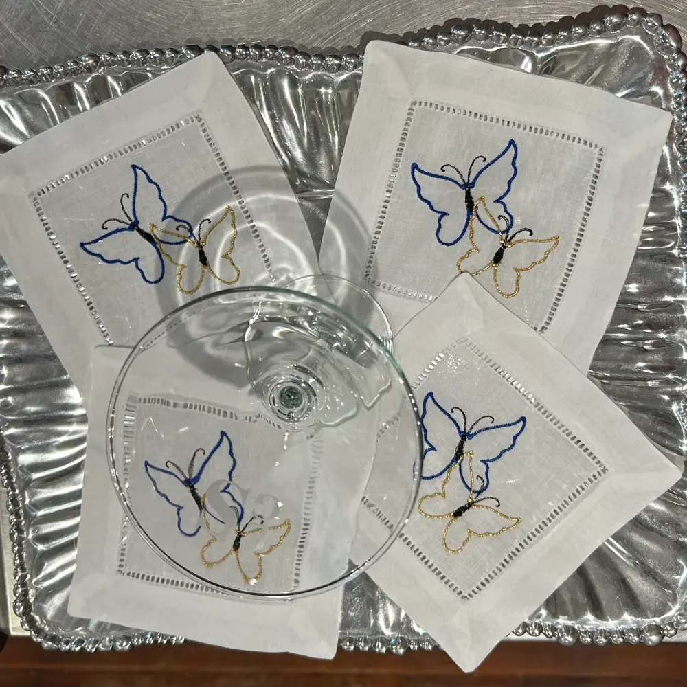 EMBROIDERED BUTTERFLIES COCKTAIL NAPKINS S/4