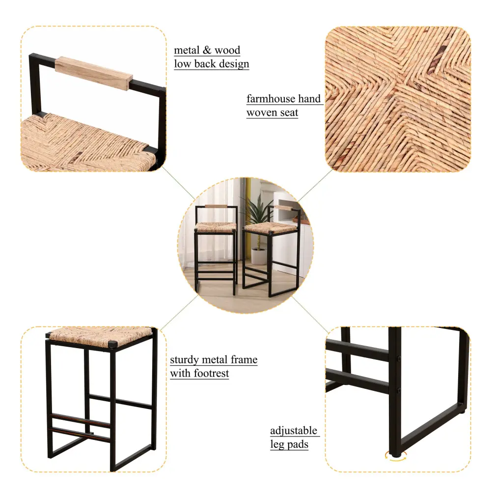 Water Hyacinth Woven Bar Stools Back Support, Counter Height Dining Chairs adjust 2) - Natural