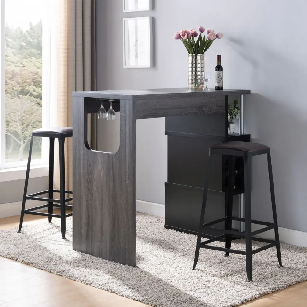 Home Bar Table Wine Glass Compartment And Three Shelves - Distressed Gray / Jet-black