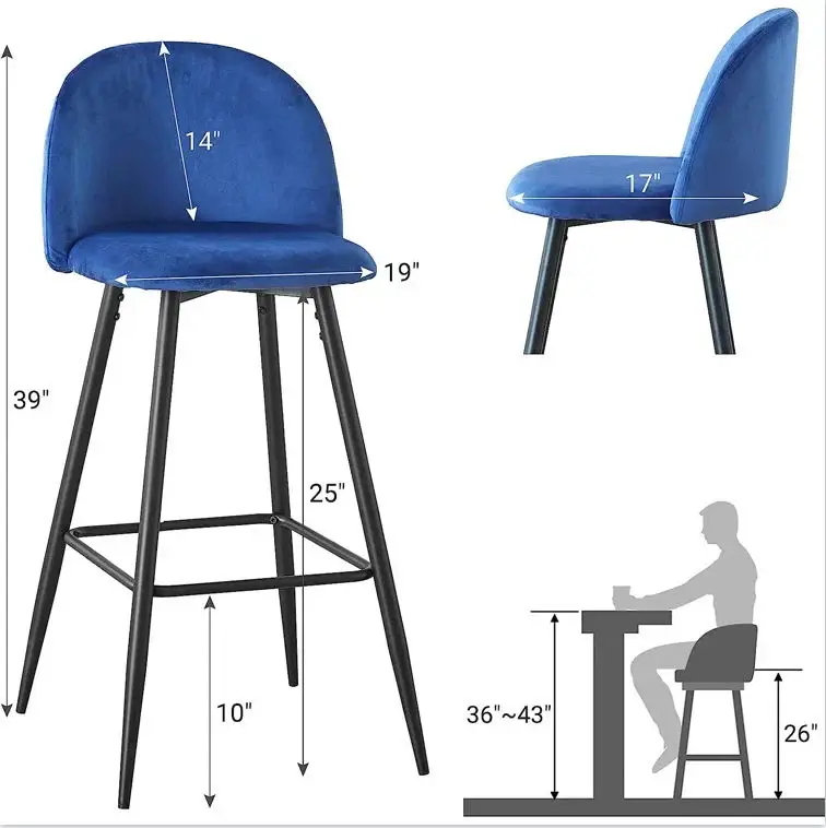 Bar Stool (Set 2) Cutting-edge Counter Bar Height Chair Back, Sturdy Metal Legs & Footrests, Island Stool Kitchen Bar - Blue