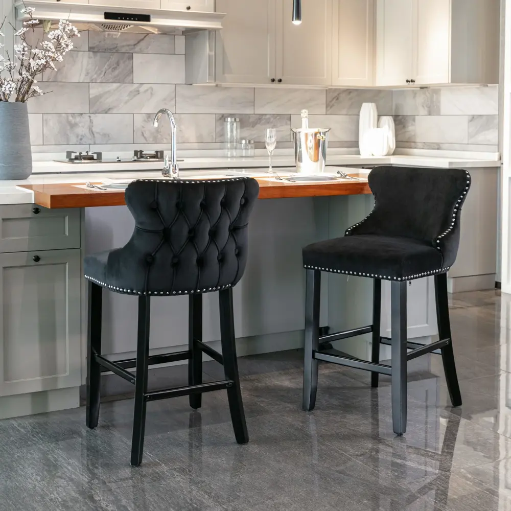 Contemporary Upholstered Wing-Back Barstools Button Tufted Decoration And Wooden Legs, And Nailhead Trim, Leisure Style Ba...