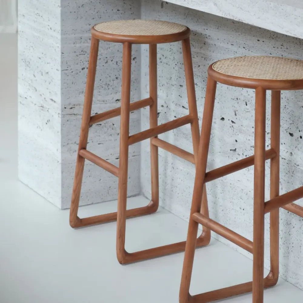Retro Bar Stool Amiens - Walnut/Natural Rattan