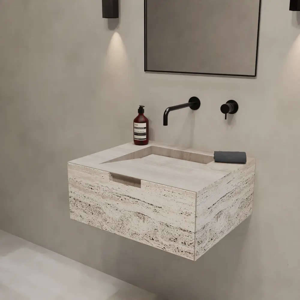 Bathroom cabinet Loudun - Single sink - Ivory Travertine - 80 cm