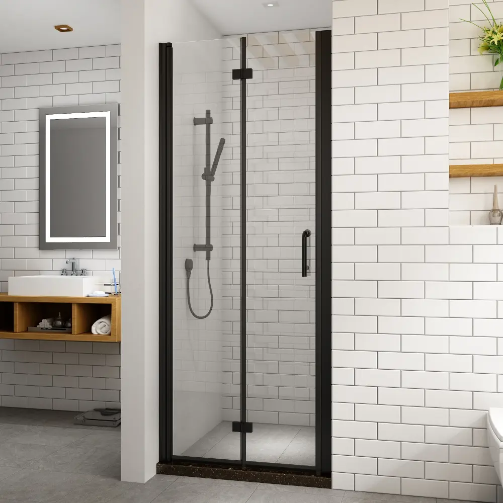 36-37 1/4'' . W x 72 . H Bi-Fold Minimalist Frameless Shower Door Matte Black Lucid Glass