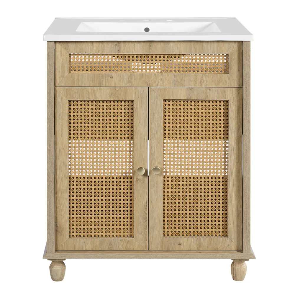 Bathroom Vanity Handwoven Rattan Doors, Resin Basin - Organic Wood