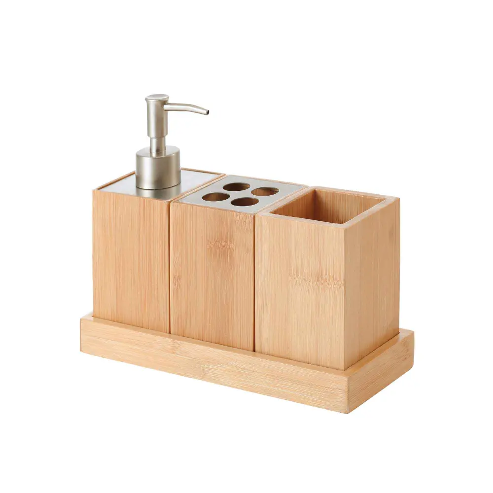 Bamboo and Stainless Reinforced Bathroom Accessories, 4 Pieces