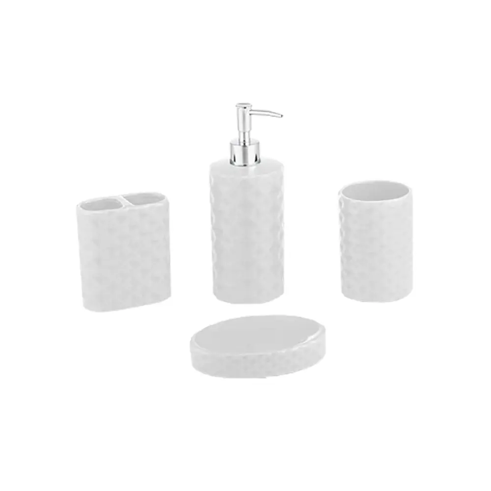 Diamond Pattern Earthenware Bathroom Set, 4 Pieces Non-Slip Base | 5-Year Warranty