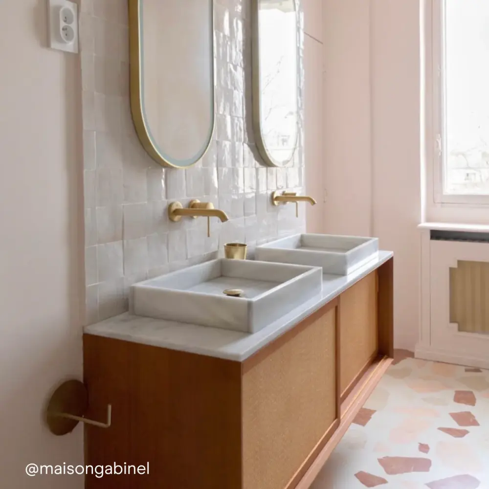 Vintage bathroom furniture - Chalk Marble sink - Teak-Rattan (150 cm) - Nestor