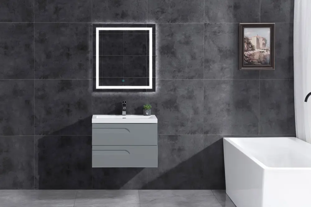 30" Wall Mount Single Sink Bathroom Vanity Graphite Gloss Square Counter Top LV7W-30G