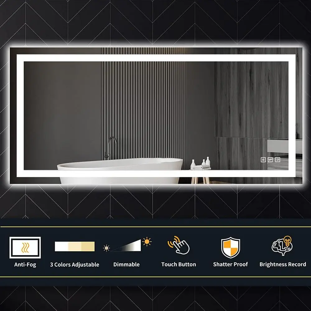 88 . W x 38 . H Rectangular Frameless LED Light Anti-Fog Wall Bathroom Vanity Mirror Backlit and Front Airy
