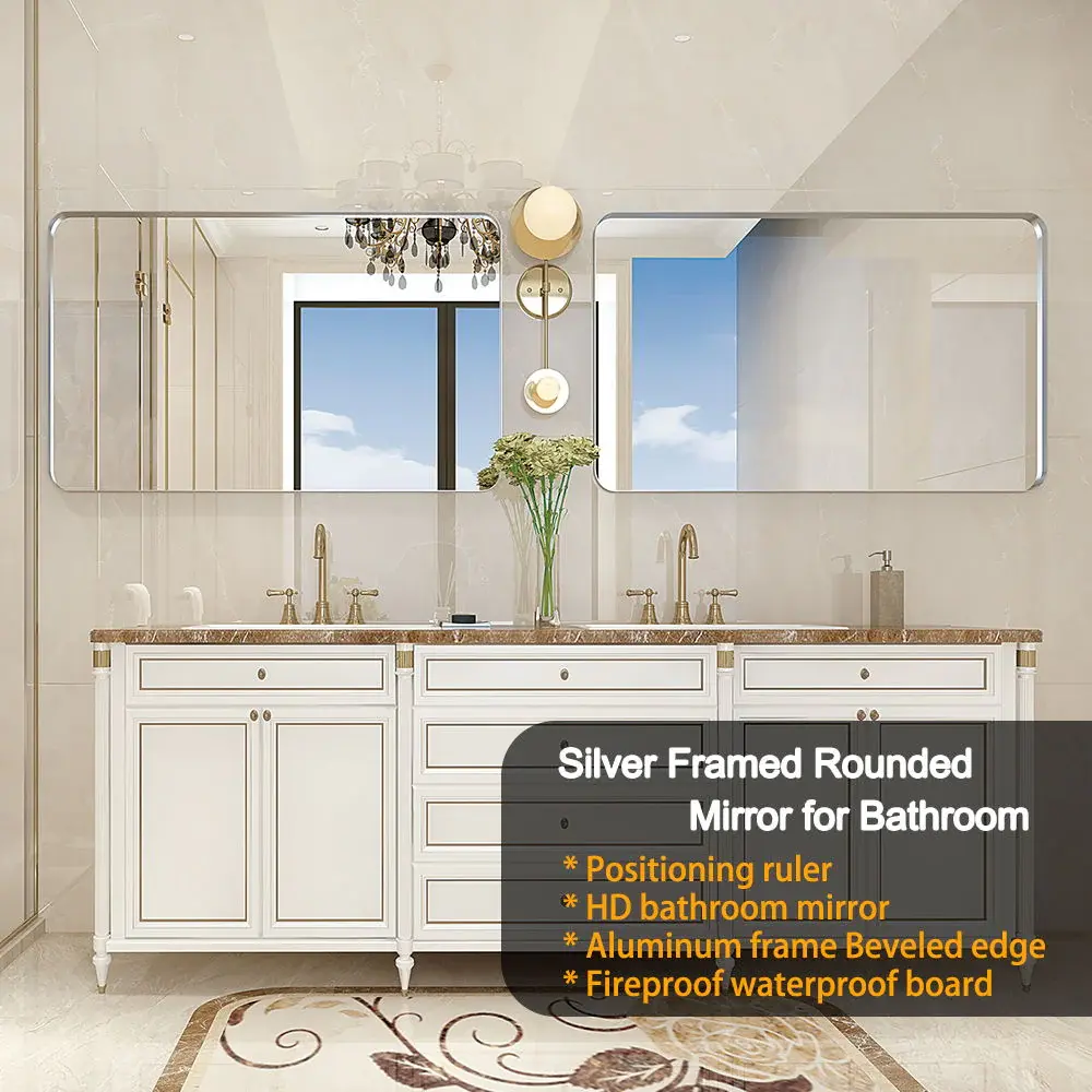 Rounded Corner Rectangle Bathroom Mirror Wall All-metal Frame Wall Mounted Bathroom Mirror Vanity Bathroom Mirror (Horizon...
