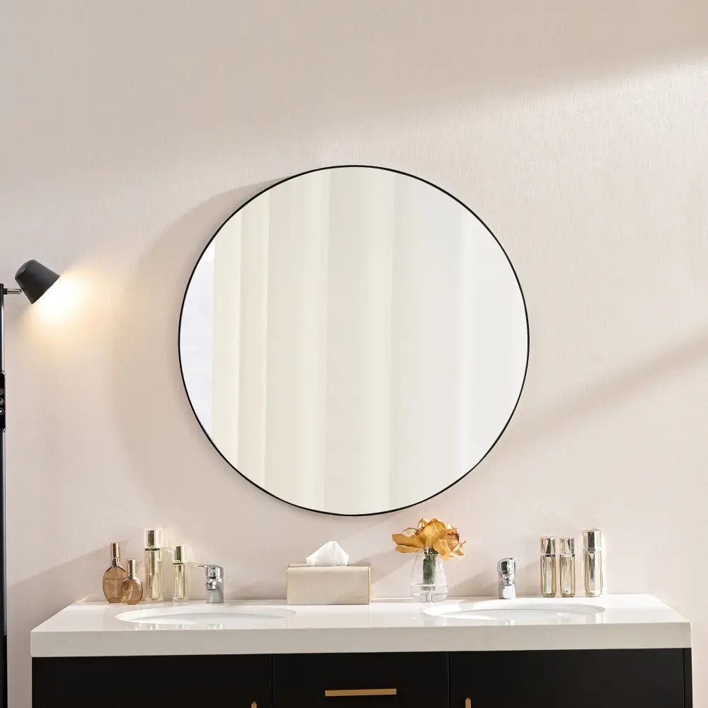 Wall Circular Framed Vanity Mirror Bathroom, Living Room Decor - Jet-black