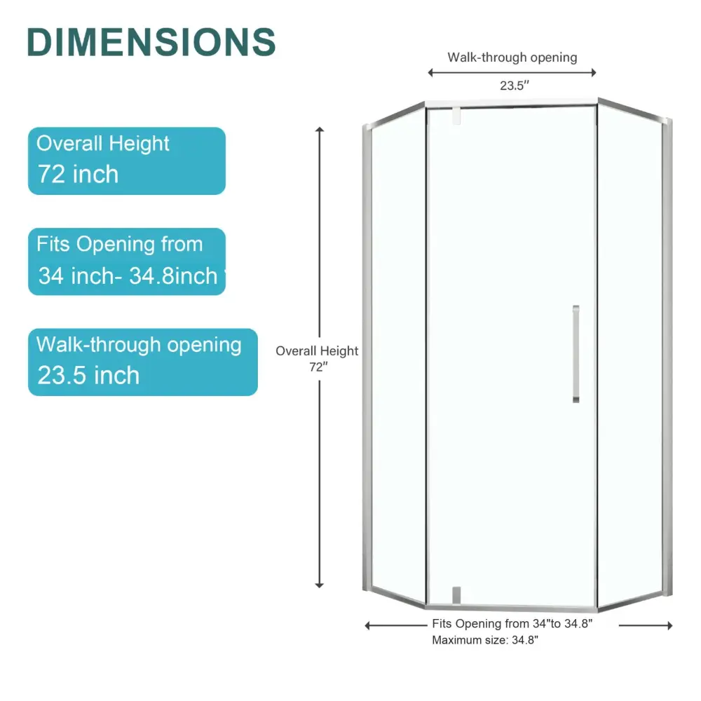 Semi Frameless Neo Angle Hinged Shower Enclosure Distinct Tempered Glass - Brushed Nickel Non-Slip Base | 5-Year Warranty