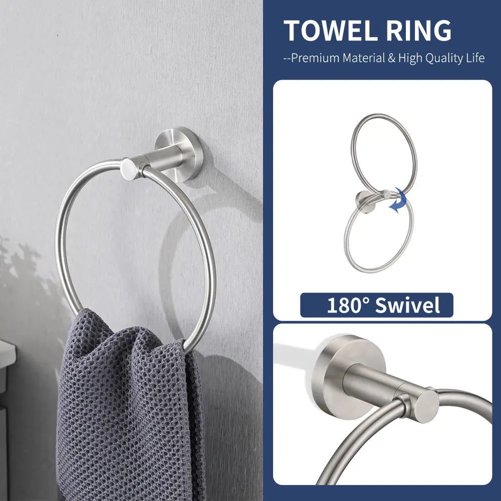 Bathroom Set 4 Pack Towel Bar Racks, Toilet Paper Holder, Ring, Hook, Stainless Steel - Brushed Nickel
