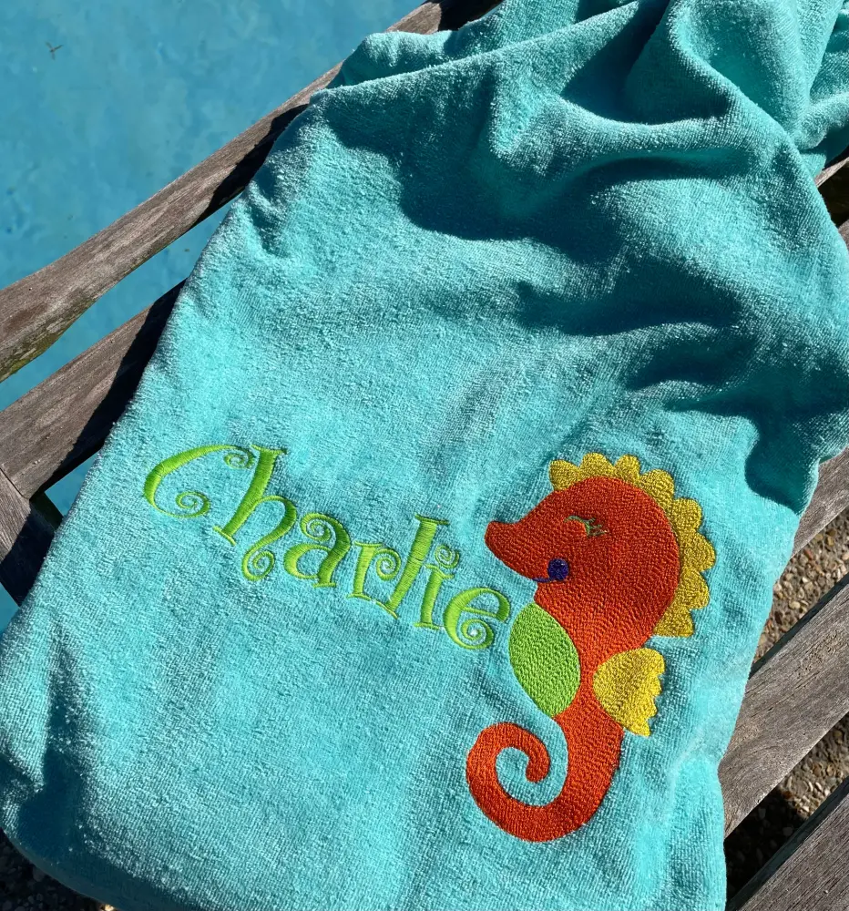 Quick-Dry Microfiber EMBROIDERED BEACH TOWEL SEAHORSE & NAME