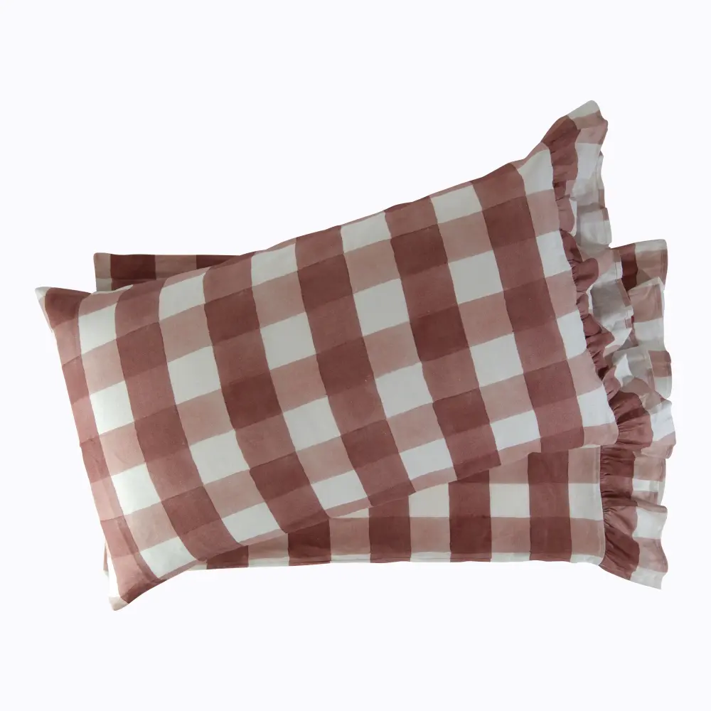 Blossom Plaid Flax Ruffle Pillowcase Pair Deep Mattresses