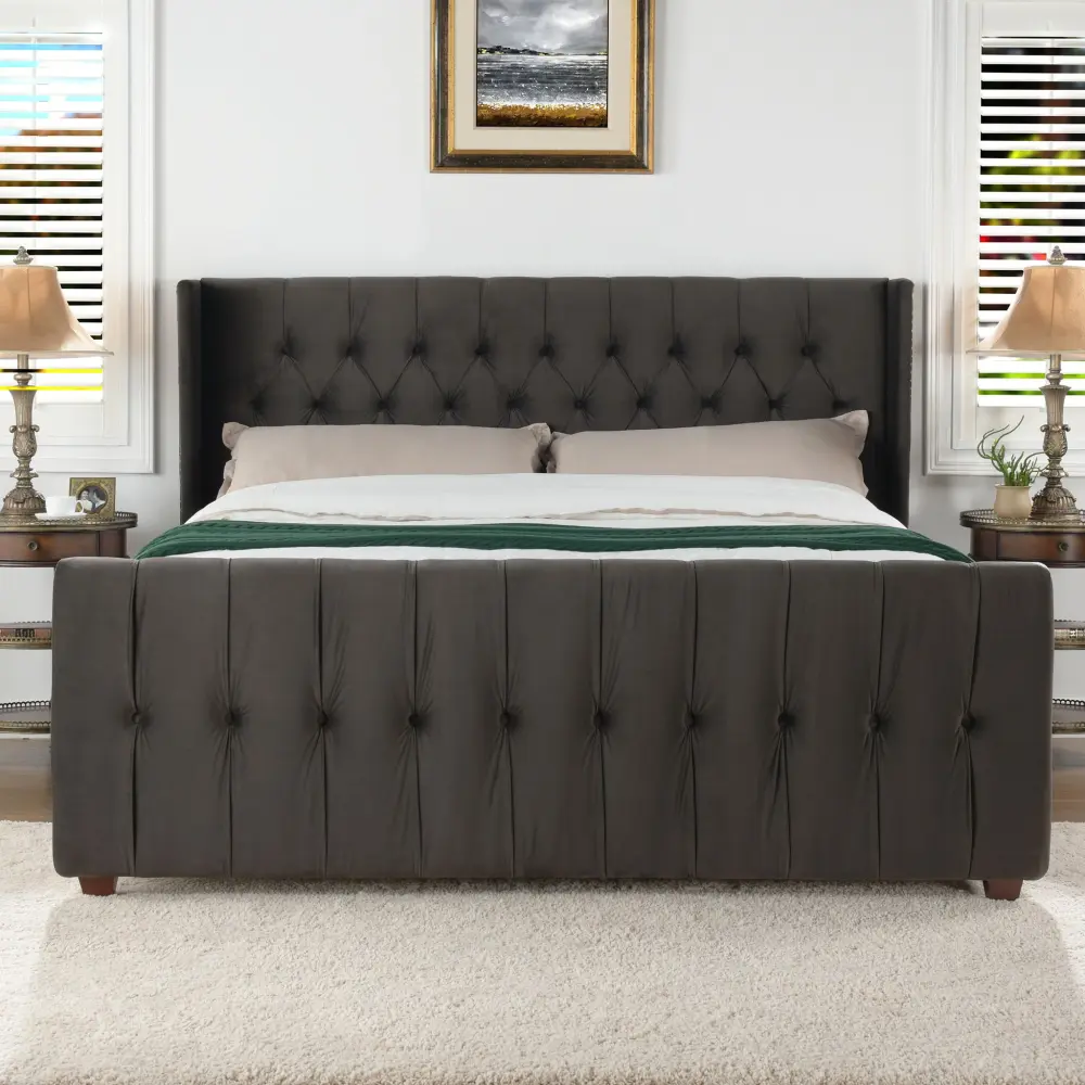 David - King Tufted Wingback Bed - Deep Charcoal Gray