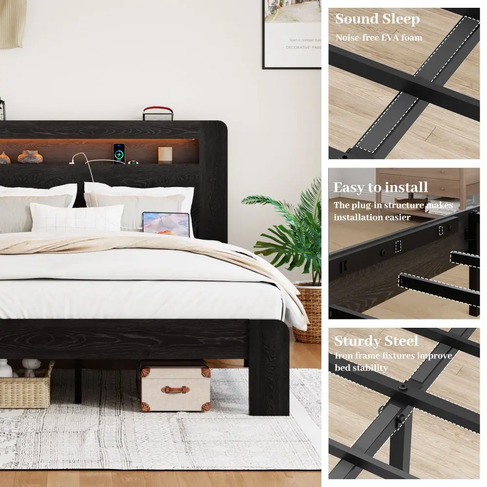 Certified Non-Toxic Wood Platform Bed Frame Storage LED Buoyant Headboard & USB