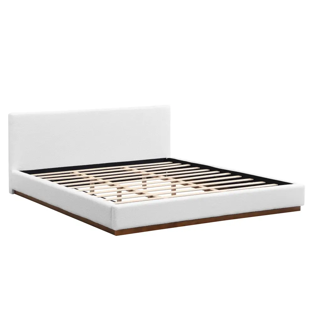 Elegant Boucle Upholstered Bed Wood Grain Textured Solid Wood Base Frame