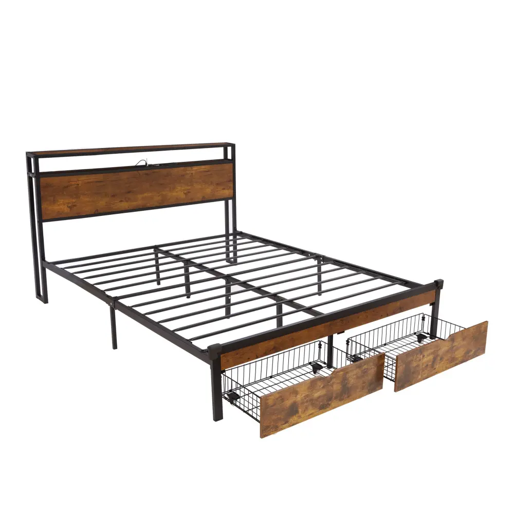 Modern Metal Platform Bed Frame Wooden Headboard And Footboard, USB Charging Station, LED Lights, 2 Drawers