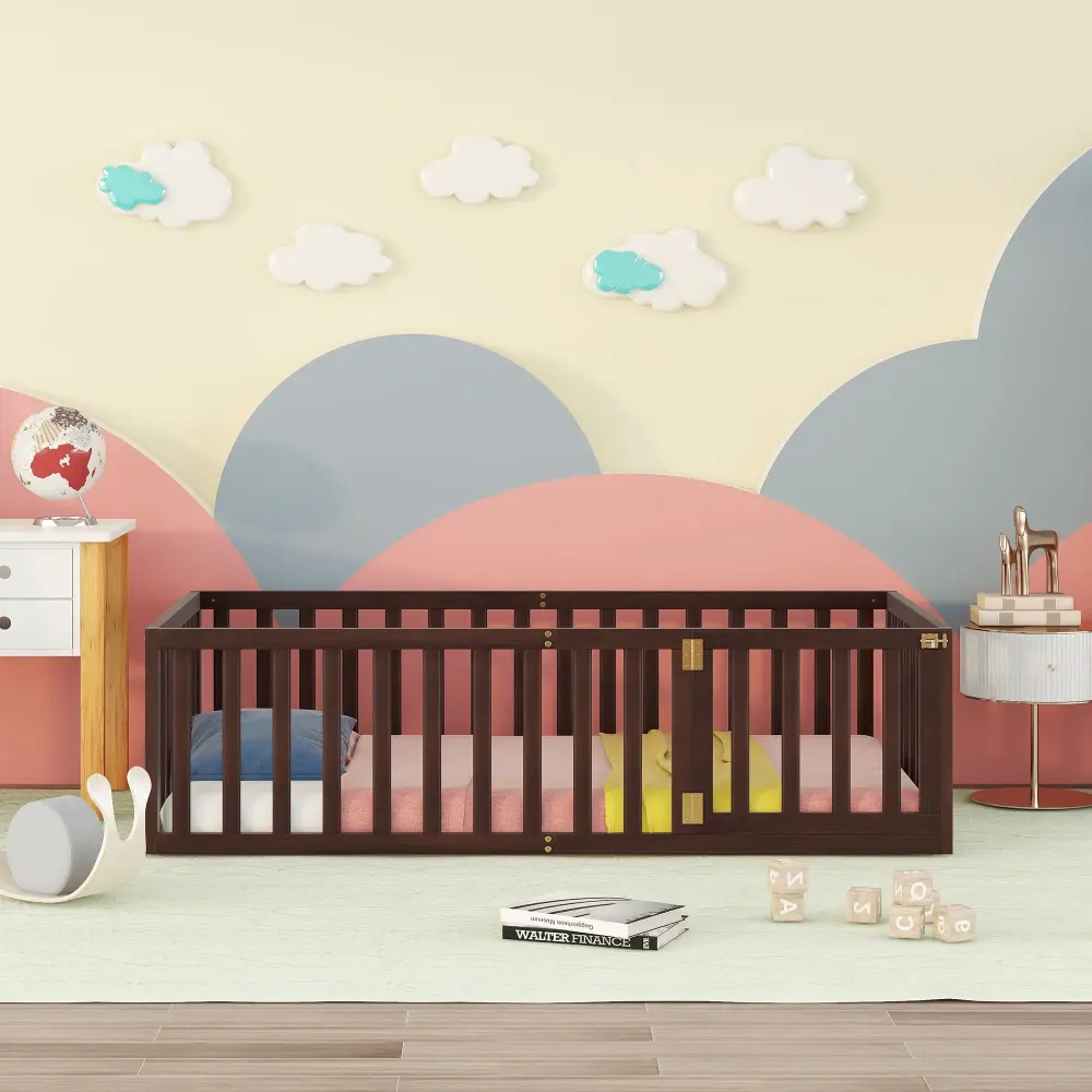 Twin Size Floor Bed Frame Fence And Door - Walnut Modern Farmhouse