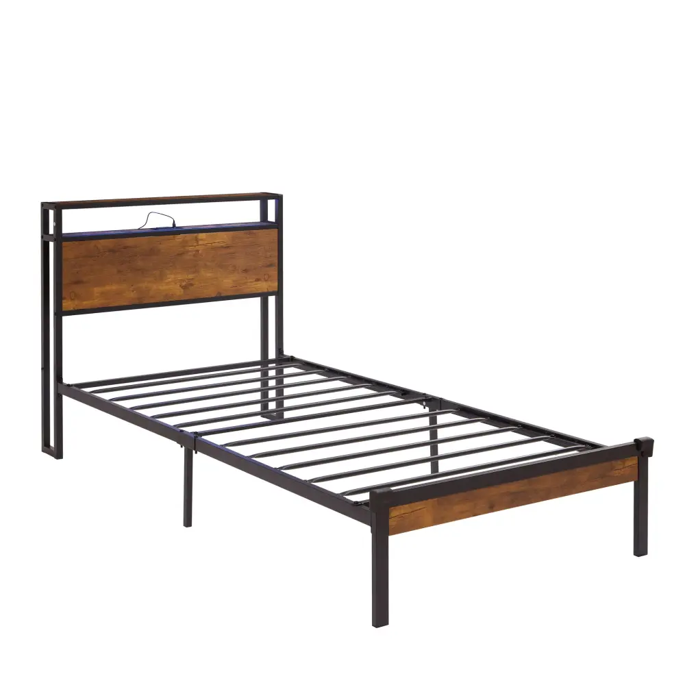 Twin Size Platform Bed Frame, LED Lights Remote Control, USB Charging Port, Large Under Bed Storage - Charcoal / Brown