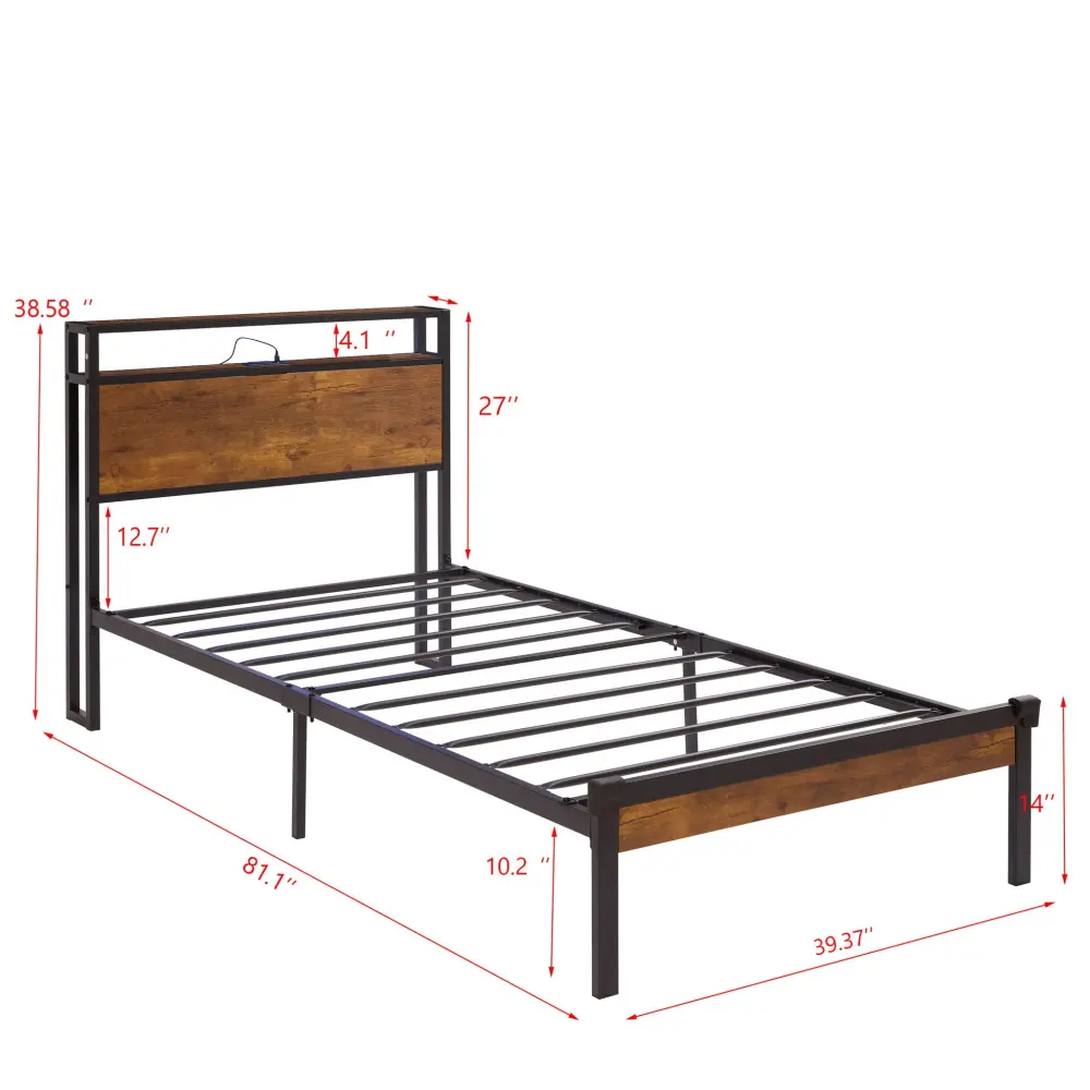 Twin Size Platform Bed Frame, LED Lights Remote Control, USB Charging Port, Large Under Bed Storage - Charcoal / Brown