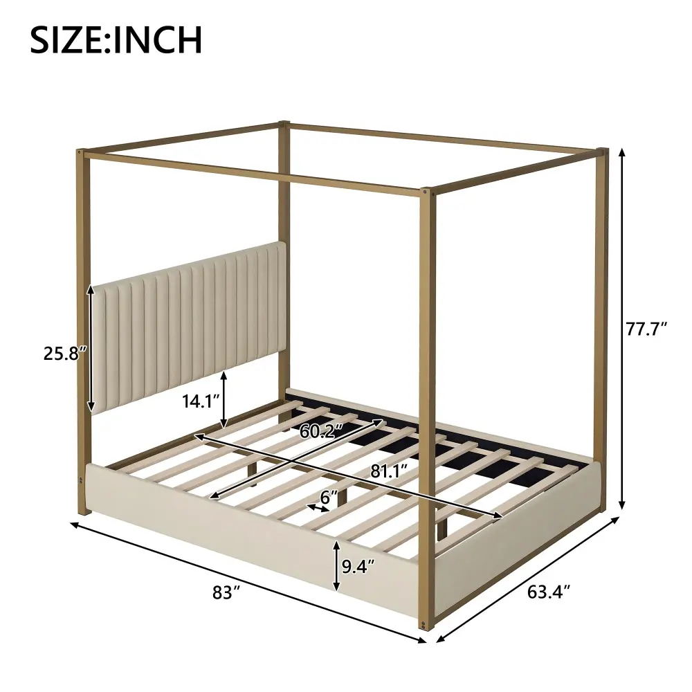 Upholstered Canopy Platform Bed Frame, Queen Size - Ecru