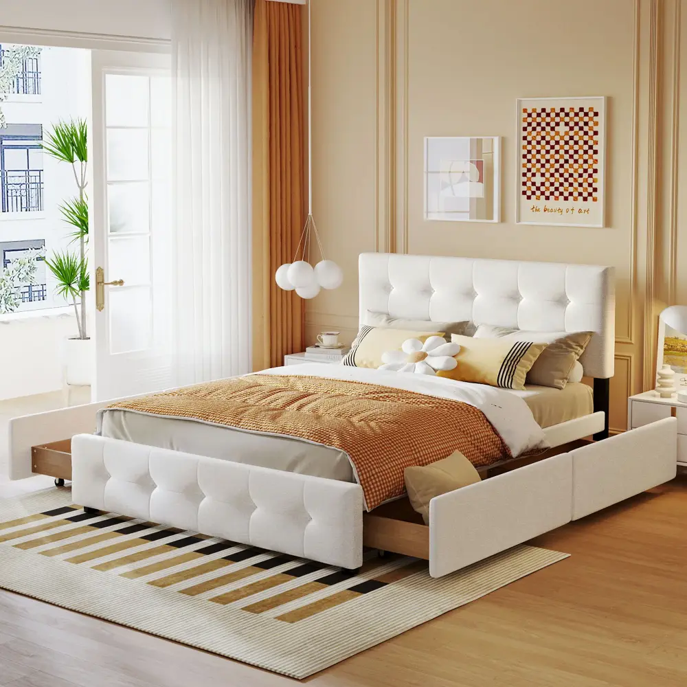 Upholstered Platform Bed Iconic Headboard And Drawers, No Box Spring Needed