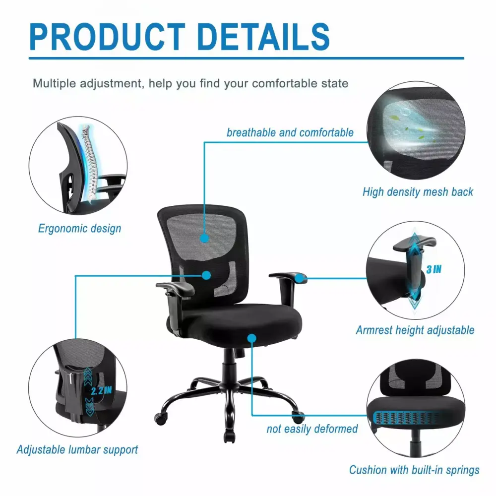 Mesh Desk Chair Big & Tall Office Chair - 400 lbs Heavy Duty Ergonomic Computer Chair Wide Seat - Black Bigroof
