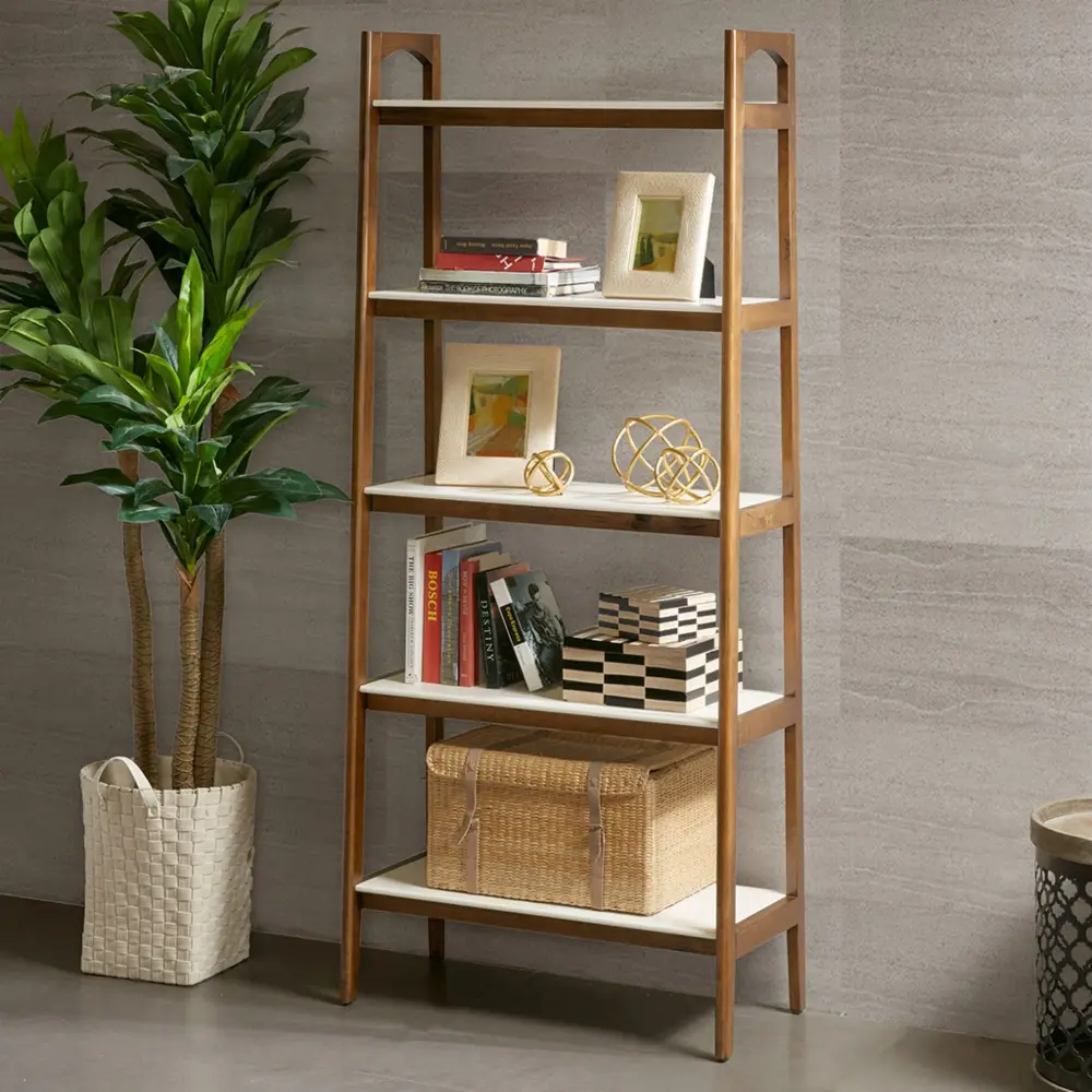 Ergonomic Mid - Century Design 5 Shelf Bookcase - Off Chalk / Pecan