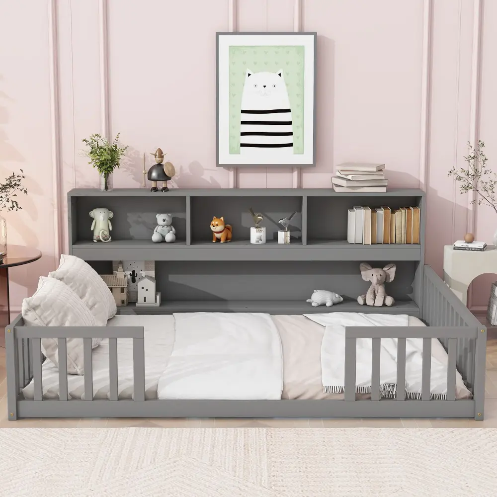 Floor Bed Side Bookcase, Shelves, Guardrails Playrooms
