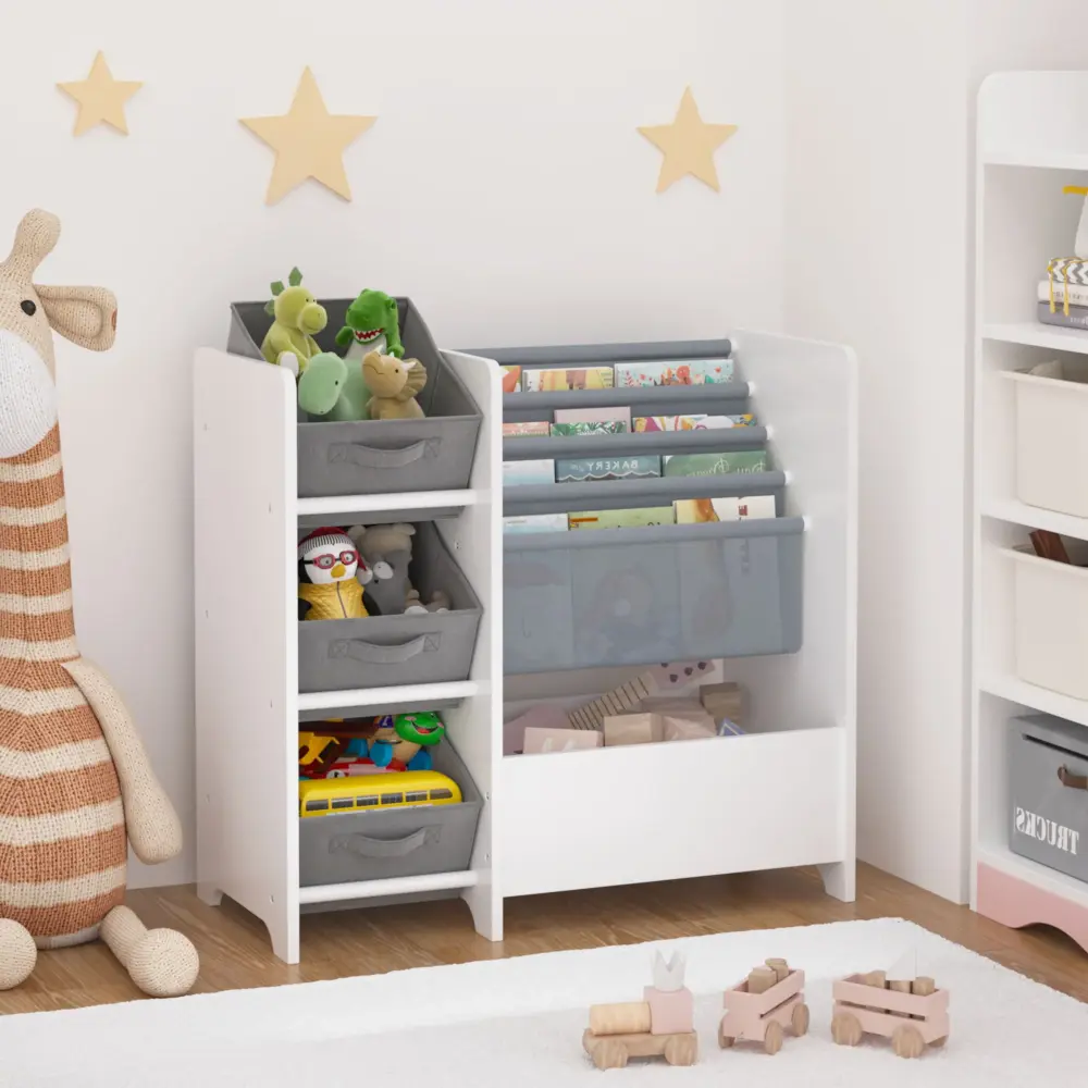 Sturdy Wooden Bookshelf And Toy Storage Organizer, Multifunctional 4 Tier 3 Compact Drawers - White
