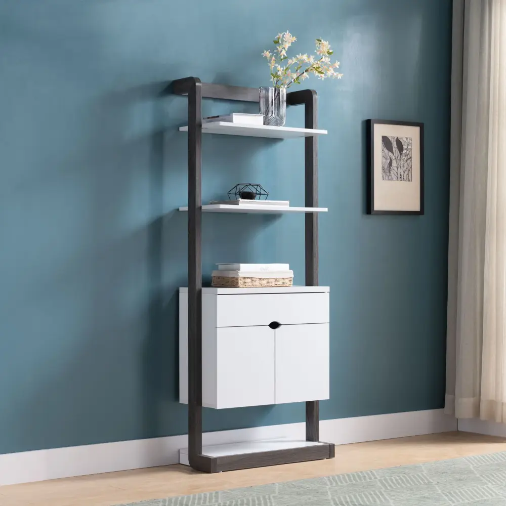 Sturdy Wooden Contemporary Bookcase Four Open Shelve One Drawer Two Cabinets Open Shelve - Ivory / Gray