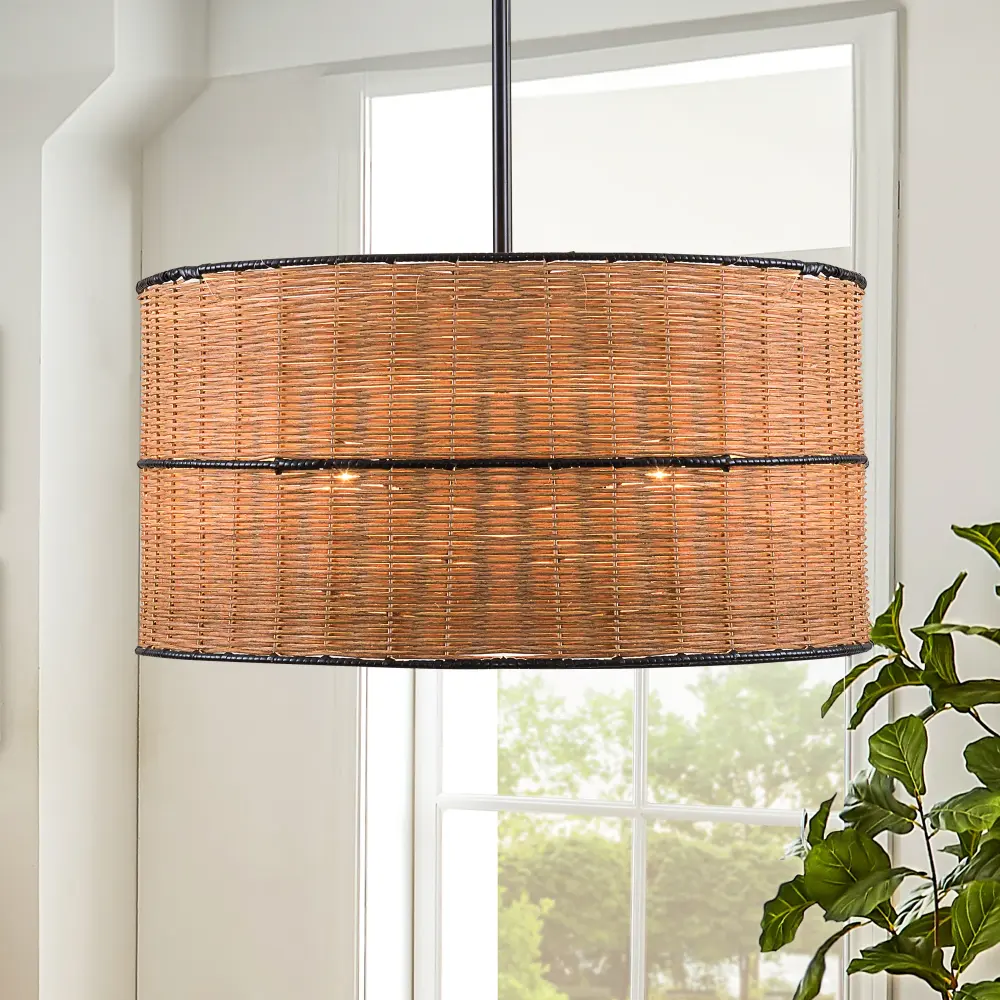 4-Light Drum Rattan Weaving Chandelier Living Room/Bedroom #28029
