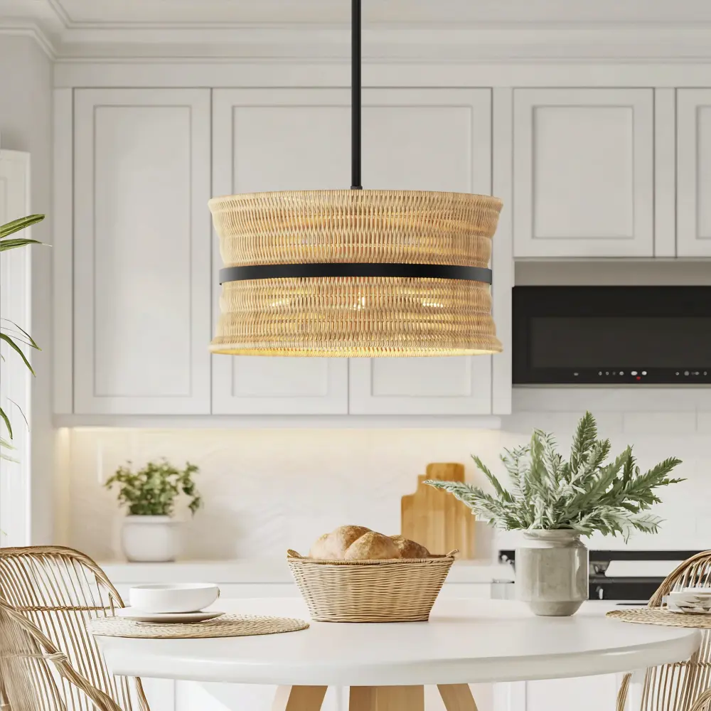 4-Light Rattan Shaded Drum Chandelier Dinning Room #28026