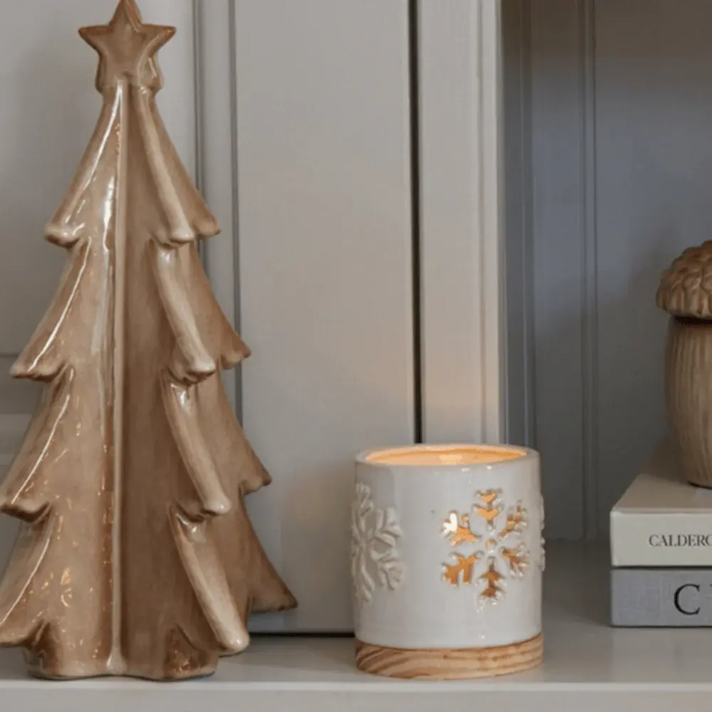 Alora Ceramic Snowflake Hardwood Base Candle Holder