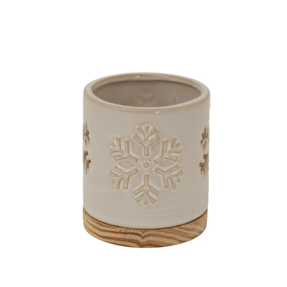 Alora Ceramic Snowflake Hardwood Base Candle Holder