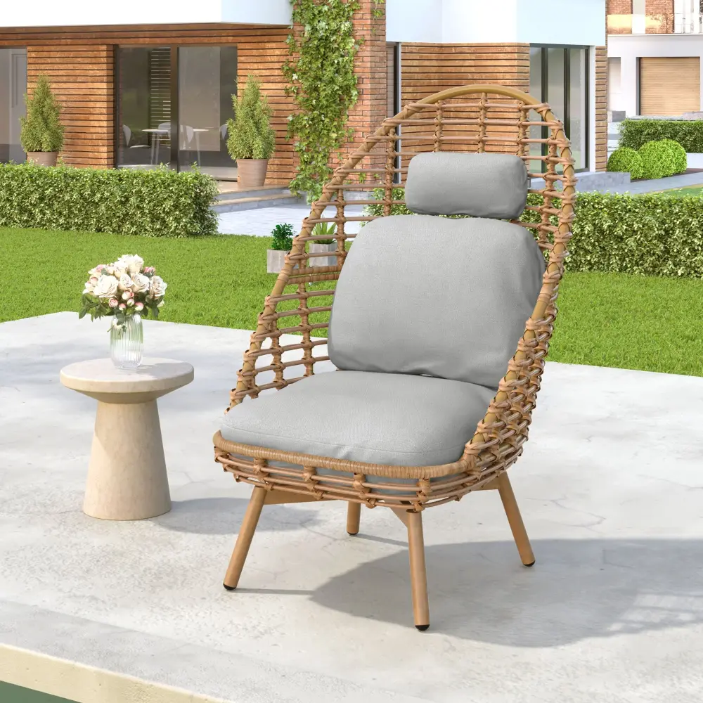 Ellis - Outdoor Wicker High Back Lounge Chair, Teak Finished Leg - Airy Brown / Beige