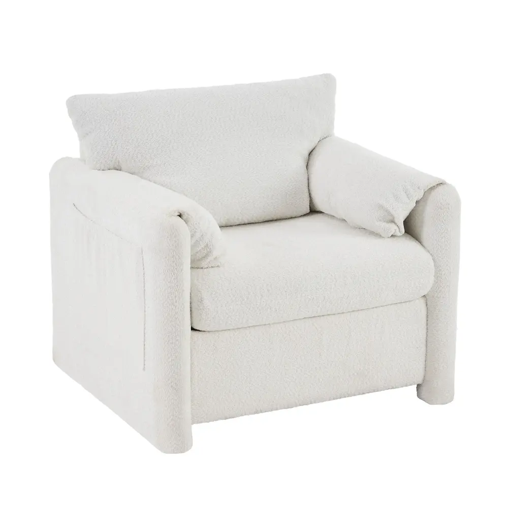 Fixed Modern Accent Chair Single Seater Plush Chenille Lounge Chair High Resilience Cushion - Ivory White