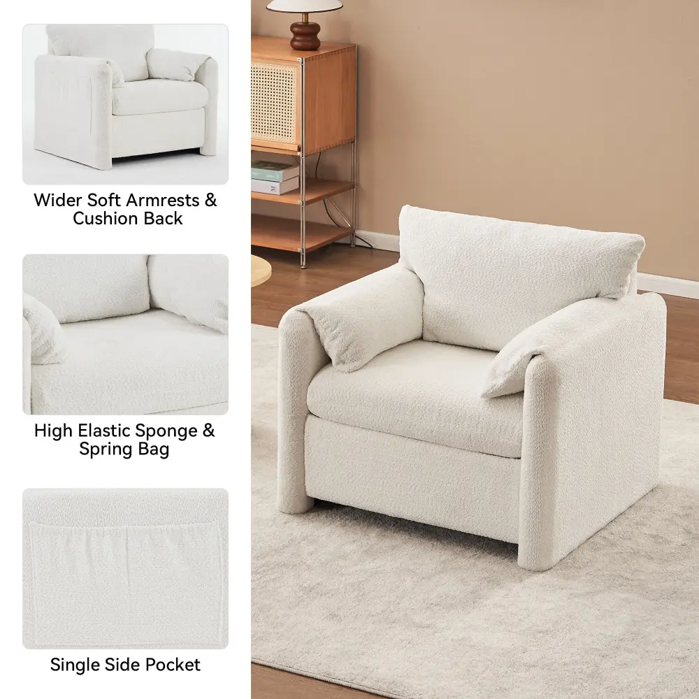 Fixed Modern Accent Chair Single Seater Plush Chenille Lounge Chair High Resilience Cushion - Ivory White