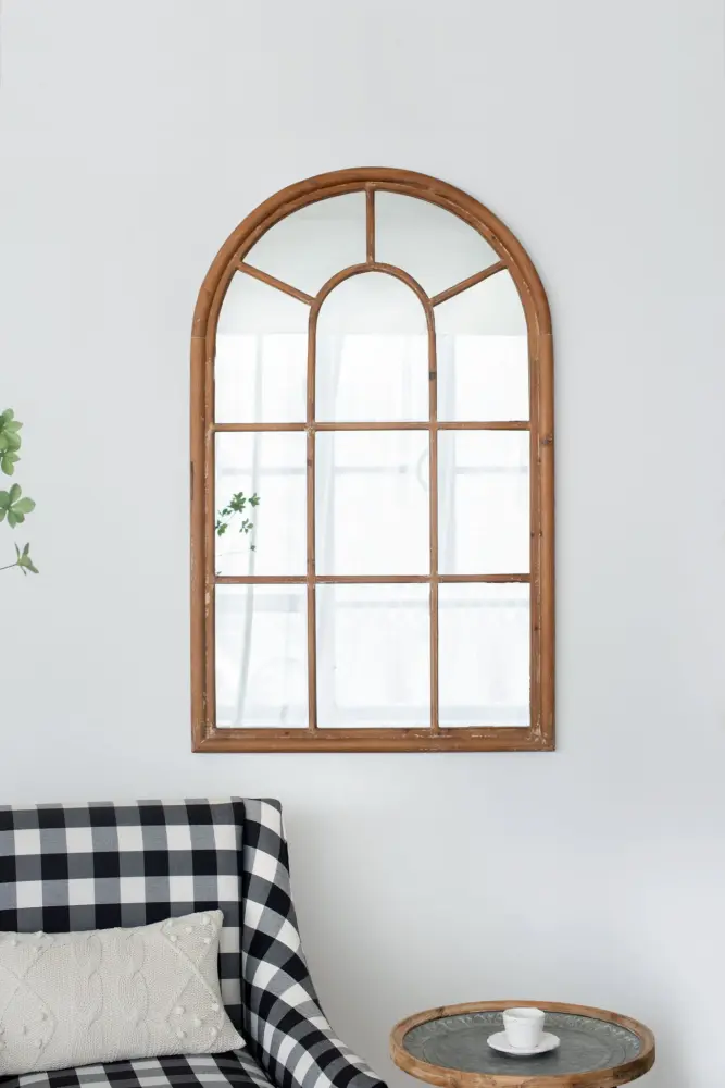 Large Arched Accent Mirror Frame Decorative Window Look Classic Architecture Style Solid Fir Wood Interior Decor - Espresso