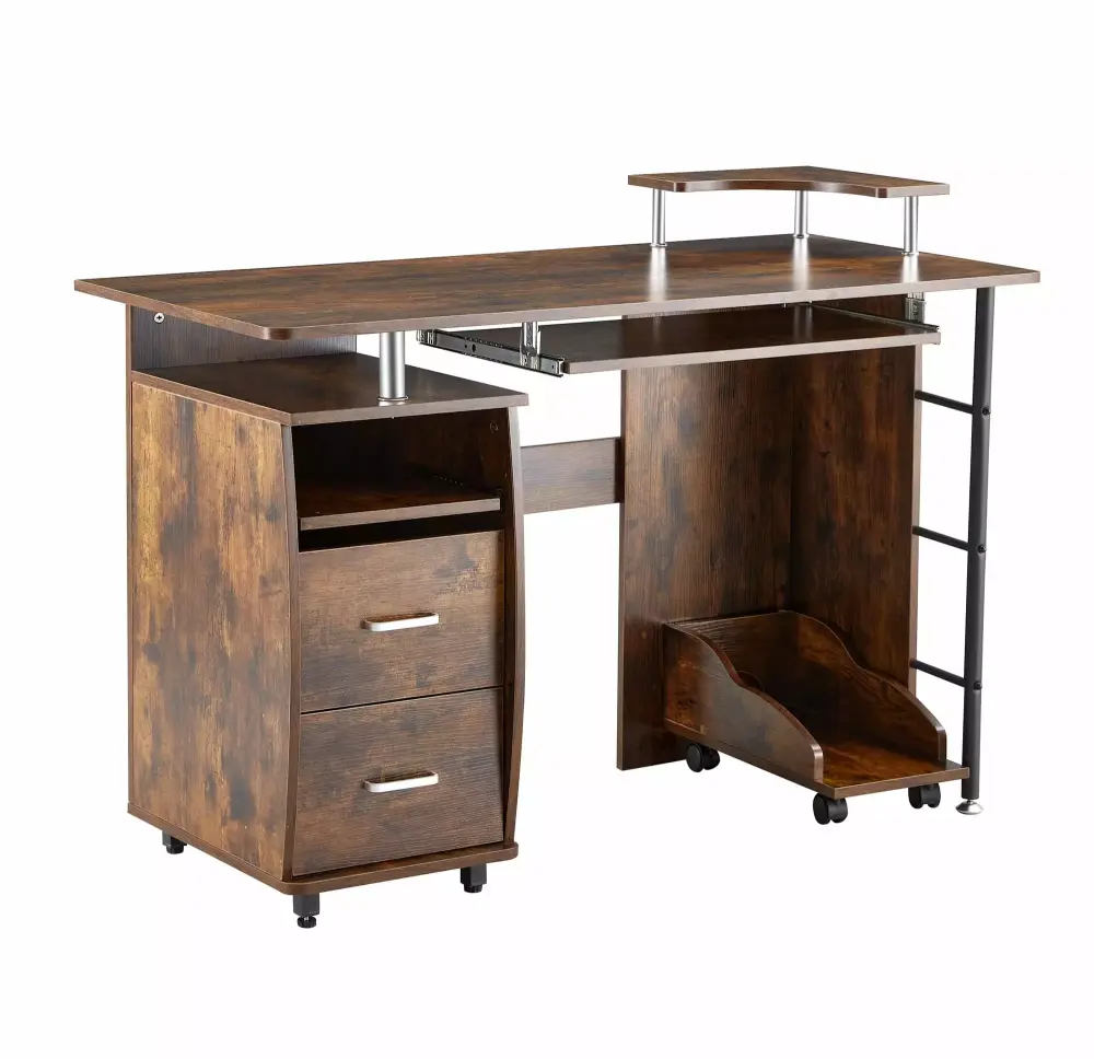 CoSoTower Solid Wood Computer Desk Office Table PC Droller Storage Shelves File Cabinet Two Drawers CPU Tray Shelf Plantin...