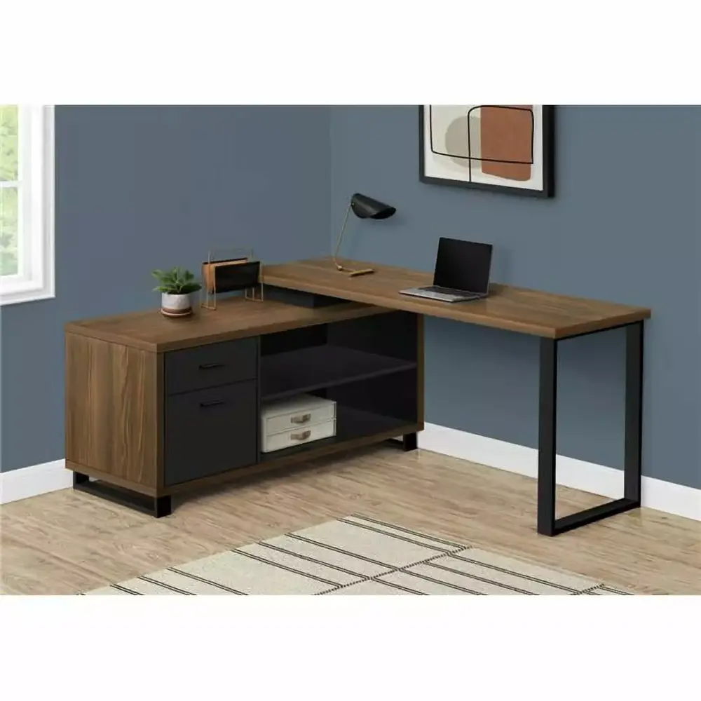 Monarch Specialties 72 Inch Executive Corner Computer Desk Walnut and Black