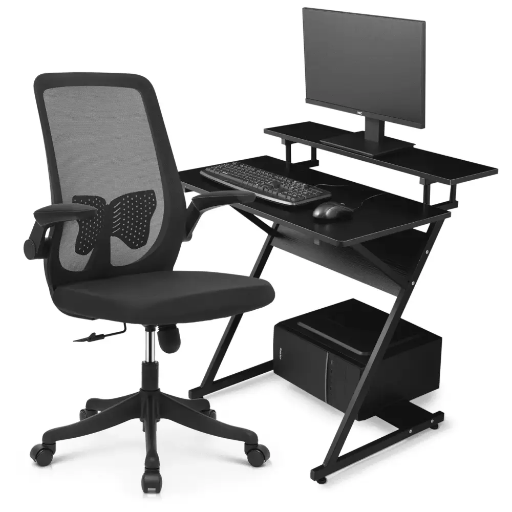 MoNiBloom Computer Desk Monitor Shelf, Host Rack & Ergonomic Rolling Swivel Task Chair - Black